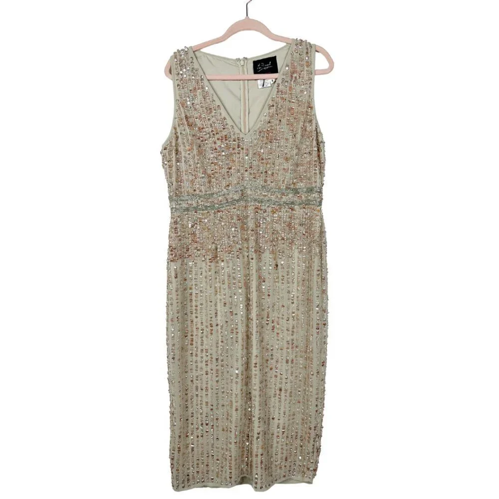 Mac Duggal Sequined Sleeveless V-Neck Midi Sheath Dress Nude 8 #8625 - Picture 3 of 8